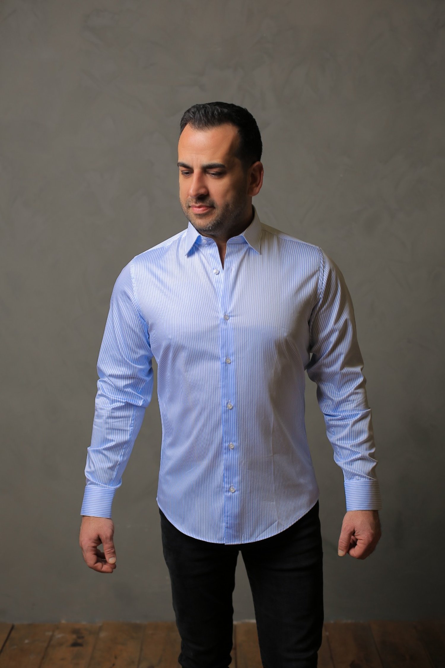 % 100 PAMUK SATEN AÇIK MAVİ ÇİZGİLİ SLİM FIT GÖMLEK - S E8ZU