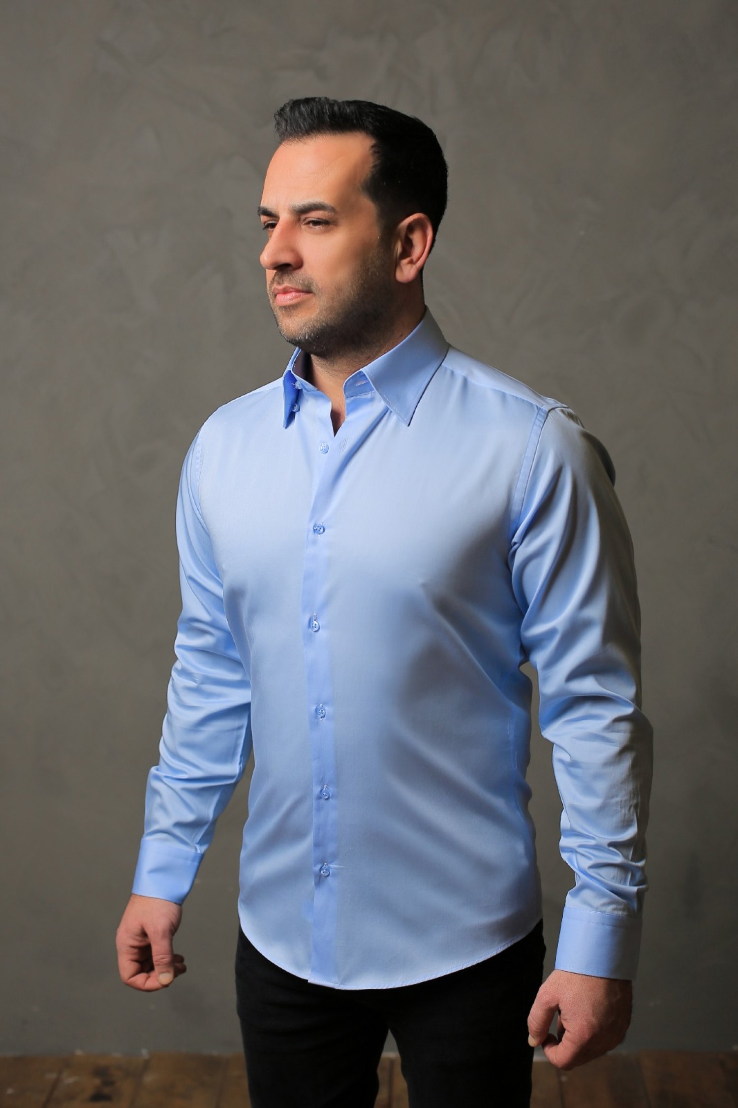 %100 Pamuk Saten Erkek Mavi Slim Fit Gömlek - XL GOP5