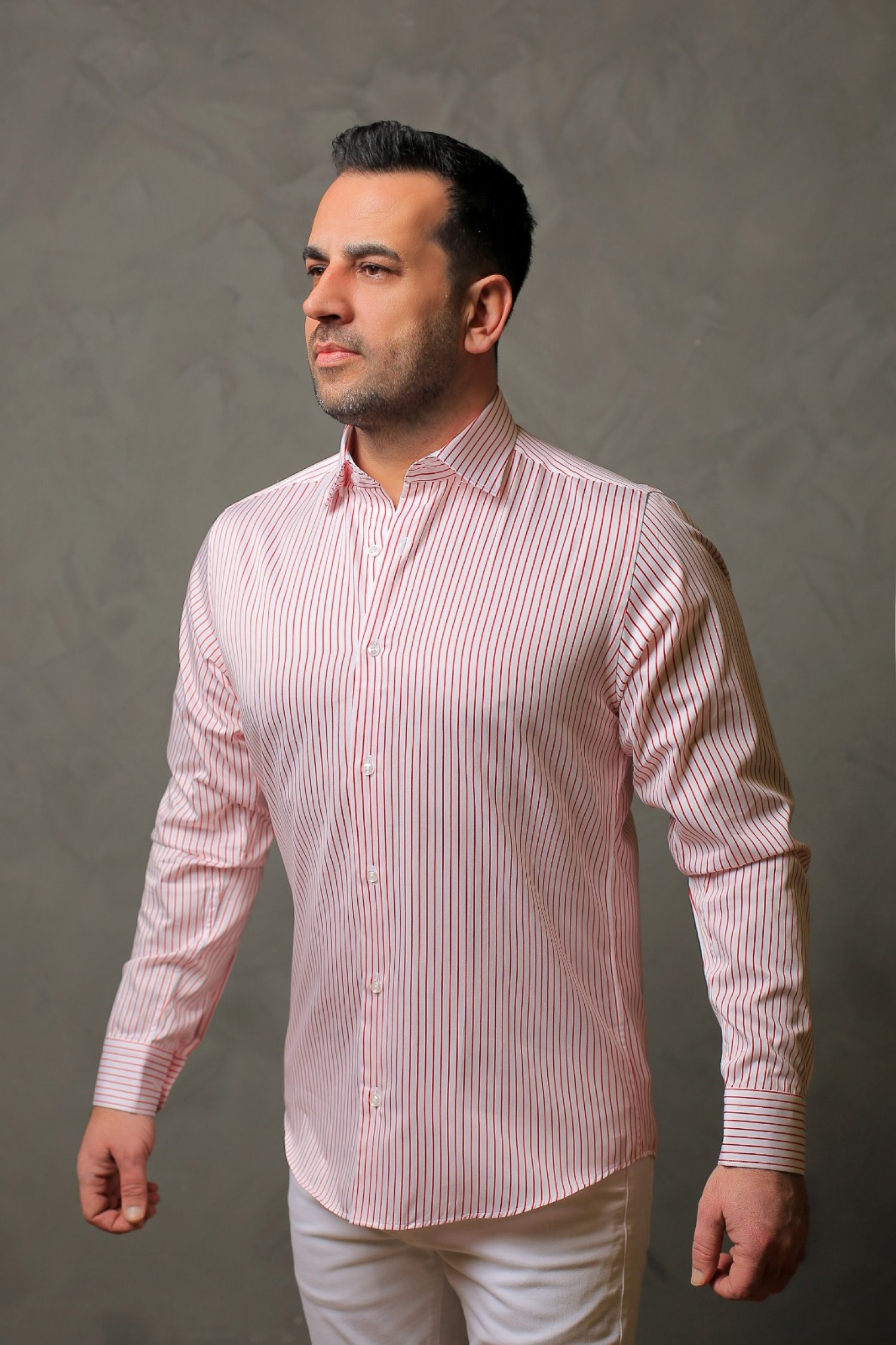 %100 Pamuk Saten Kırmızı Çizgili Beyaz Slim Fit Gömlek  - L NSN0