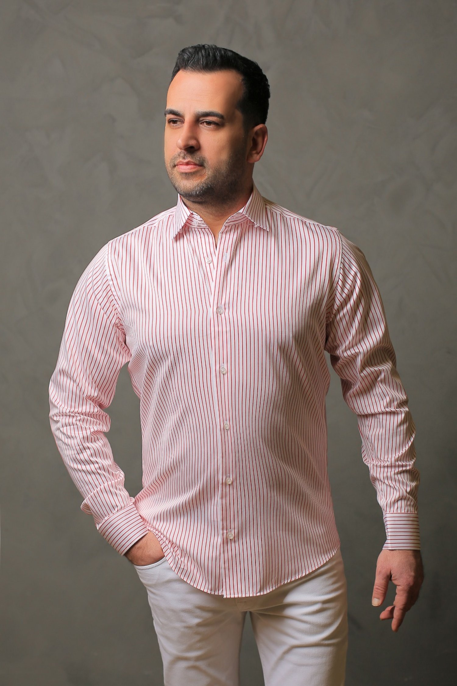 %100 Pamuk Saten Kırmızı Çizgili Beyaz Slim Fit Gömlek  - L VH37