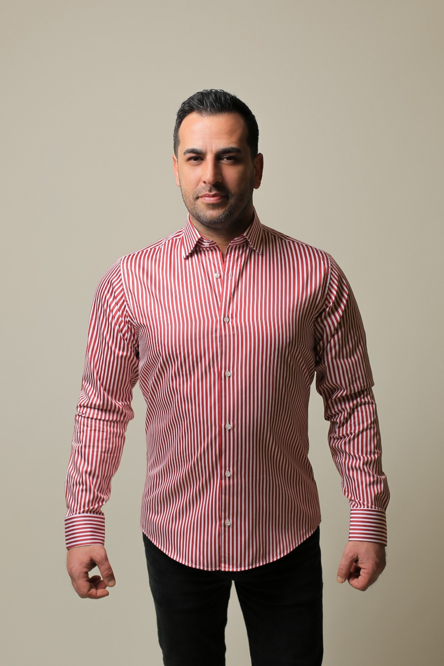 %100 PAMUK SATEN KIRMIZI ÇİZGİLİ SLIM FIT GÖMLEK - M E60C