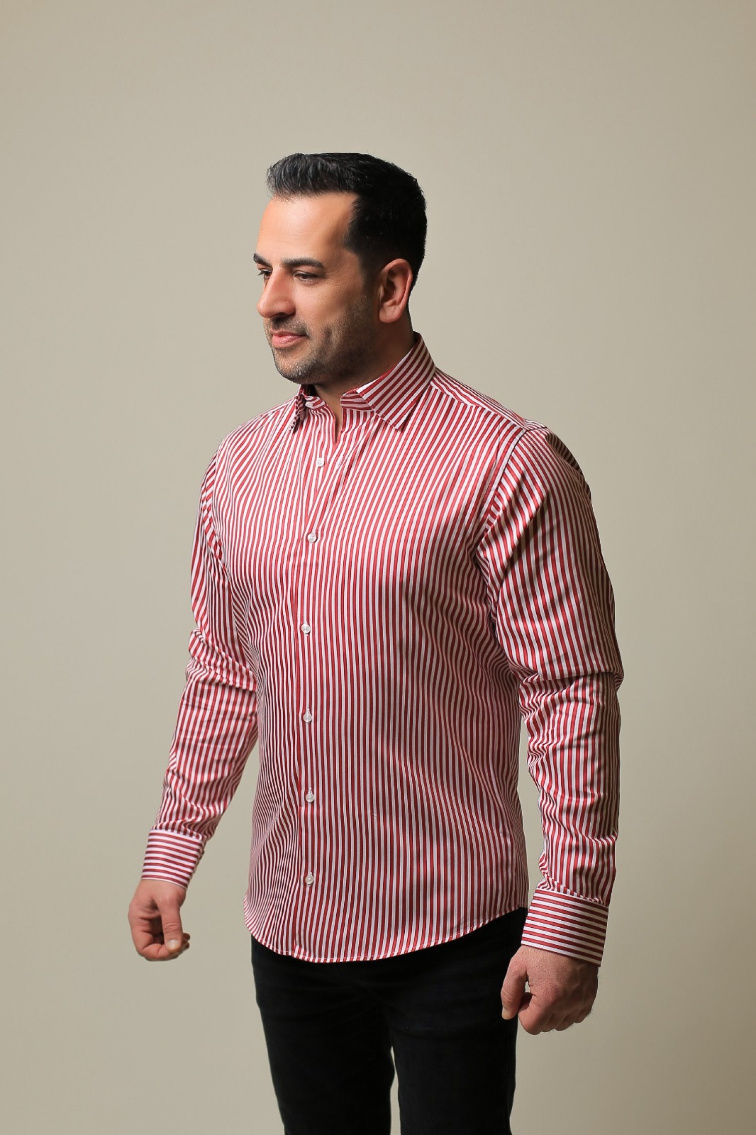 %100 PAMUK SATEN KIRMIZI ÇİZGİLİ SLIM FIT GÖMLEK - M NA2A
