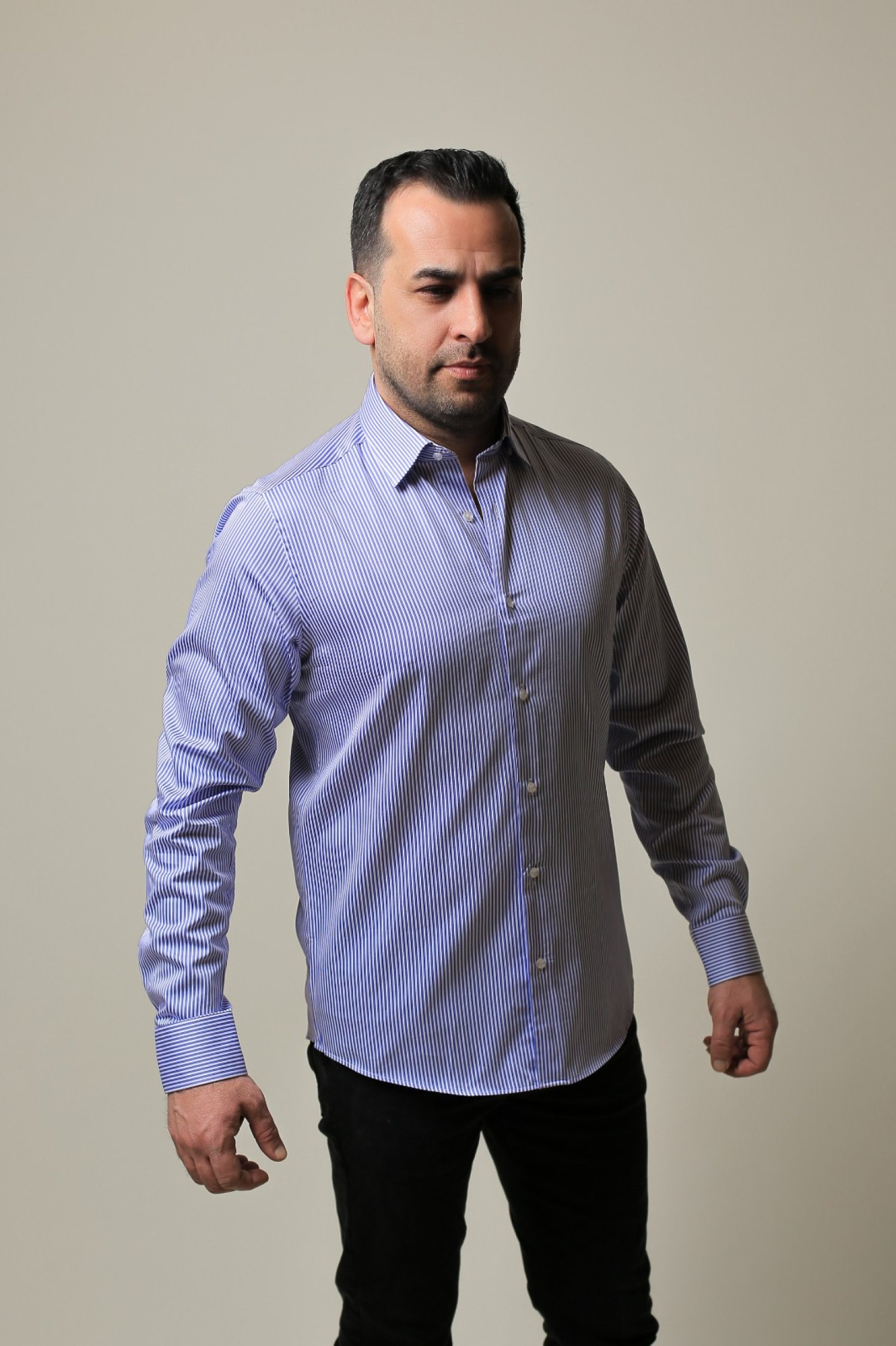 %100 PAMUK SATEN MAVİ İNCE ÇİZGİLİ SLİM FIT GÖMLEK - XXL UQU9