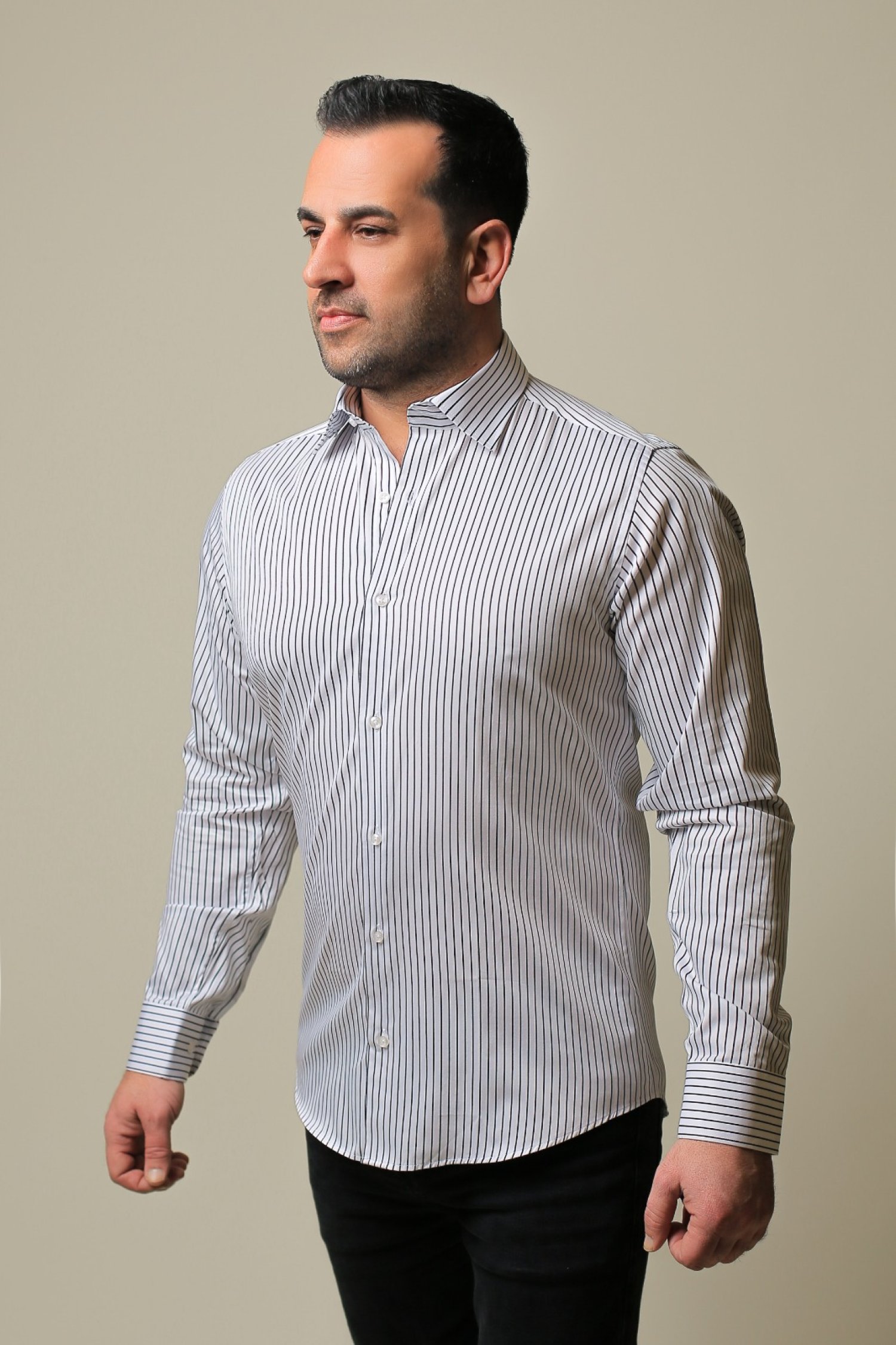 %100 Pamuk Saten Siyah Çizgili Beyaz Slim Fit Erkek Gömlek - M 3IJ8