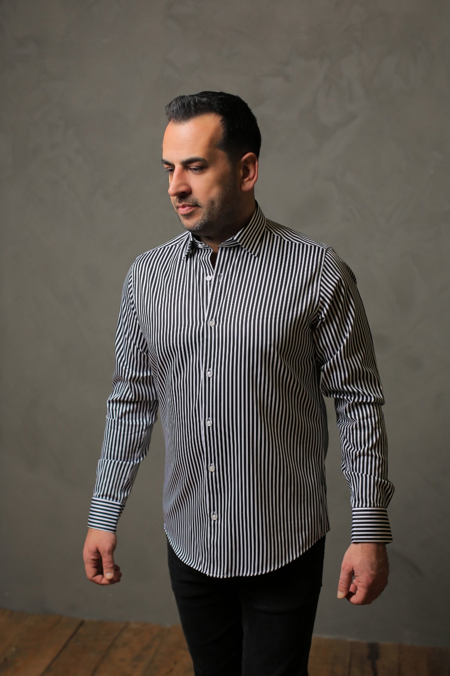 %100 Pamuk Saten Siyah Kalın Çizgili Slim Fit Gömlek - XL 6D8F