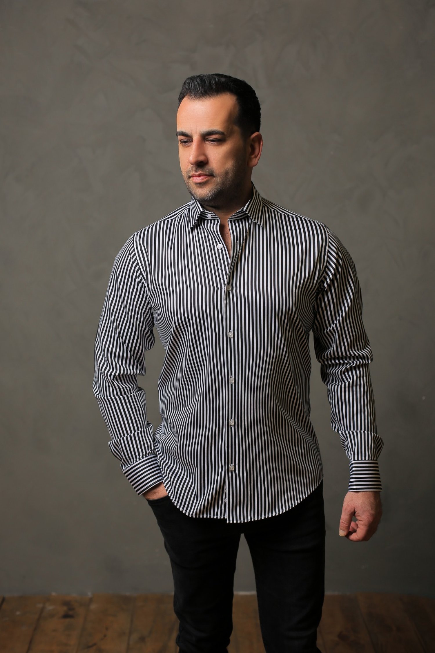 %100 Pamuk Saten Siyah Kalın Çizgili Slim Fit Gömlek - XL H7DR