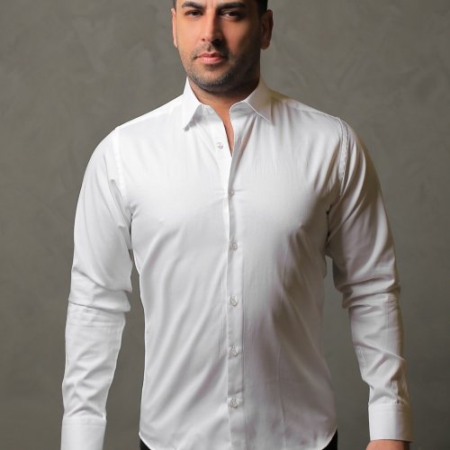 % 100 Pamuk Saten Beyaz Slimfit Gömlek - S