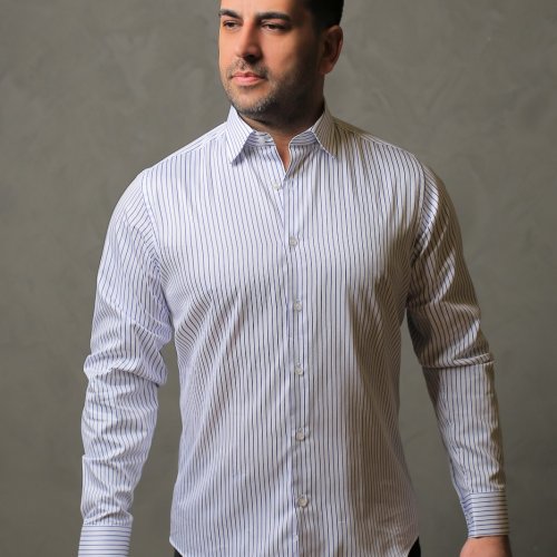 % 100 Pamuk Saten Lacivert Çizgili Beyaz Slim Fit Gömlek - S PG9W