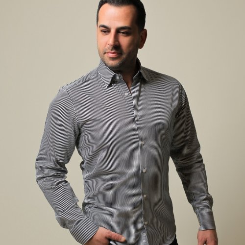 % 100 Pamuk Saten Siyah İnce Çizgili Slim Fit Gömlek - S