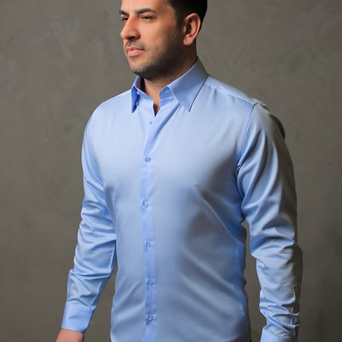 %100 Pamuk Saten Erkek Mavi Slim Fit Gömlek - XL GOP5