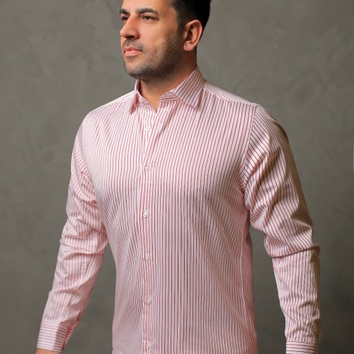 %100 Pamuk Saten Kırmızı Çizgili Beyaz Slim Fit Gömlek  - L