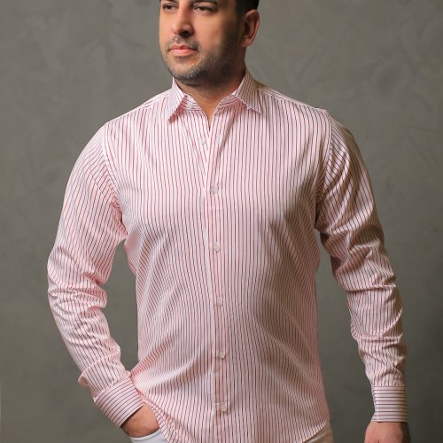 %100 Pamuk Saten Kırmızı Çizgili Beyaz Slim Fit Gömlek  - L VH37