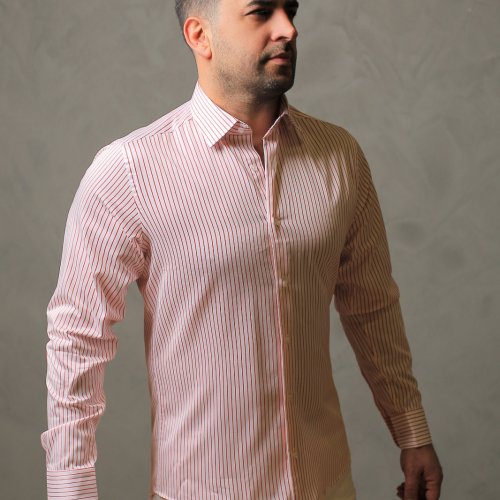 %100 Pamuk Saten Kırmızı Çizgili Beyaz Slim Fit Gömlek  - L YJVB