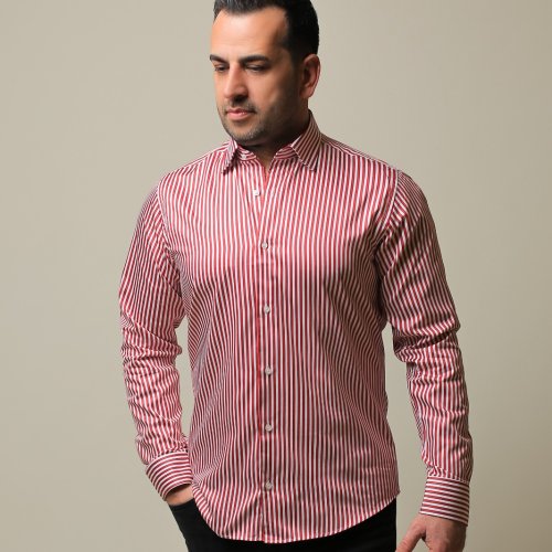 %100 PAMUK SATEN KIRMIZI ÇİZGİLİ SLIM FIT GÖMLEK - M 3NAV