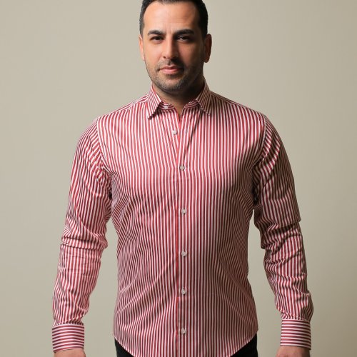 %100 PAMUK SATEN KIRMIZI ÇİZGİLİ SLIM FIT GÖMLEK - L