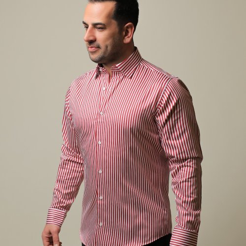 %100 PAMUK SATEN KIRMIZI ÇİZGİLİ SLIM FIT GÖMLEK - M NA2A