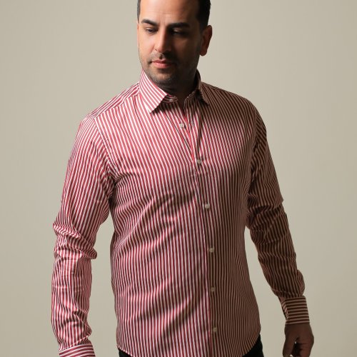 %100 PAMUK SATEN KIRMIZI ÇİZGİLİ SLIM FIT GÖMLEK - M NV78
