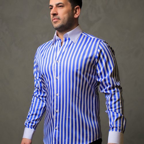 %100 Pamuk Saten Manşet Mavi Çizgili Slim Fit Gömlek  - S BE6V