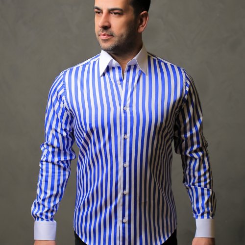 %100 Pamuk Saten Manşet Mavi Çizgili Slim Fit Gömlek  - S HVN6
