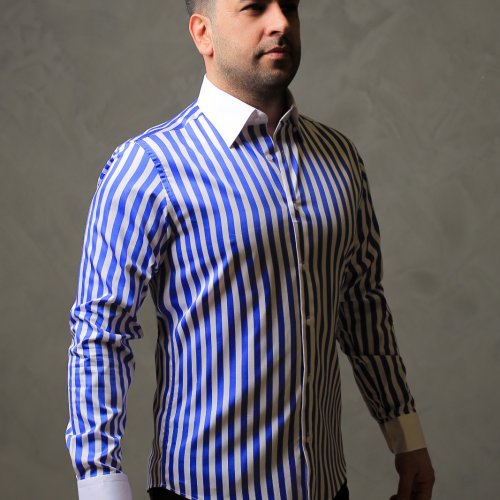 %100 Pamuk Saten Manşet Mavi Çizgili Slim Fit Gömlek  - S OVIL