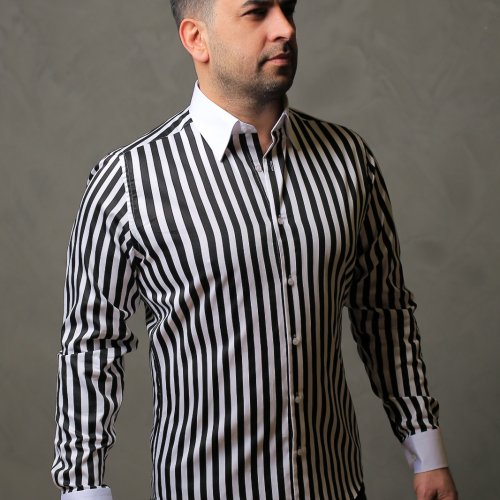 %100 Pamuk Saten Manşet Siyah Çizgili Slim Fit Gömlek - S
