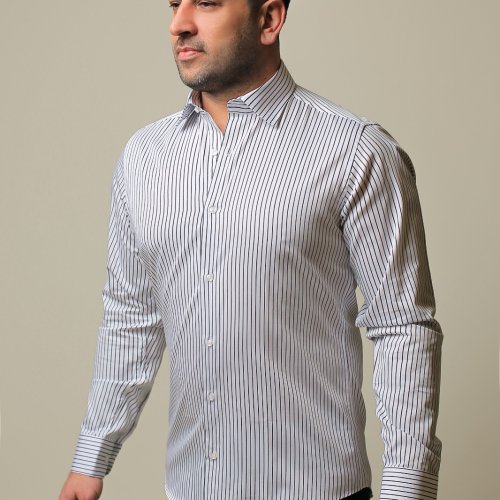 %100 Pamuk Saten Siyah Çizgili Beyaz Slim Fit Erkek Gömlek - M 3IJ8