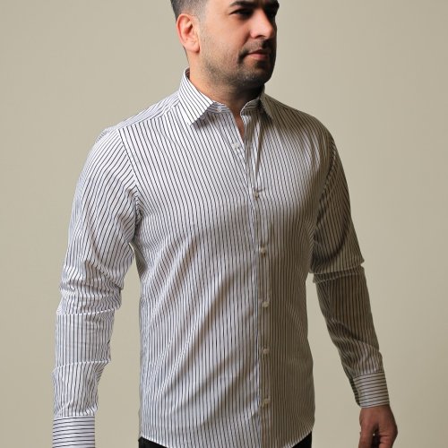 %100 Pamuk Saten Siyah Çizgili Beyaz Slim Fit Erkek Gömlek - L