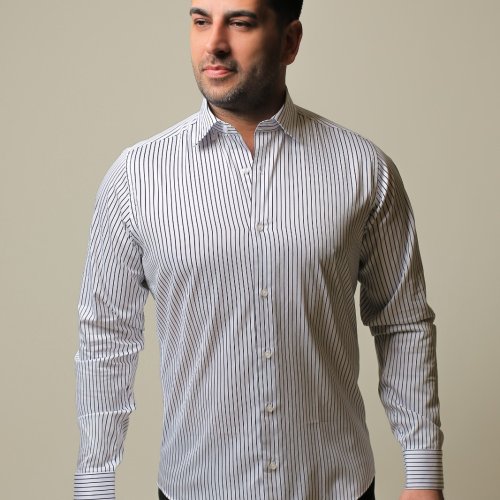 %100 Pamuk Saten Siyah Çizgili Beyaz Slim Fit Erkek Gömlek - M TF2E