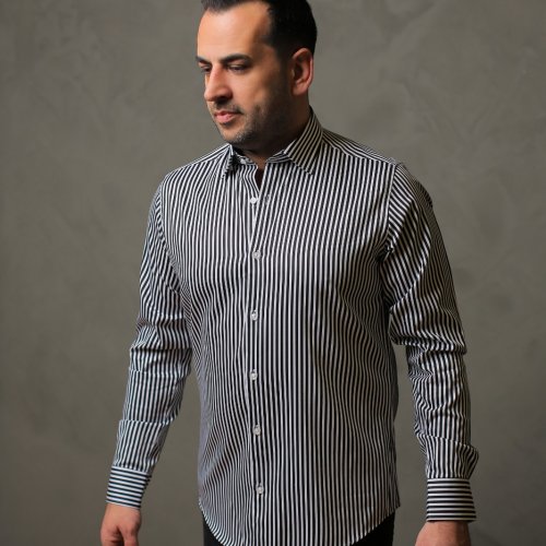 %100 Pamuk Saten Siyah Kalın Çizgili Slim Fit Gömlek - L