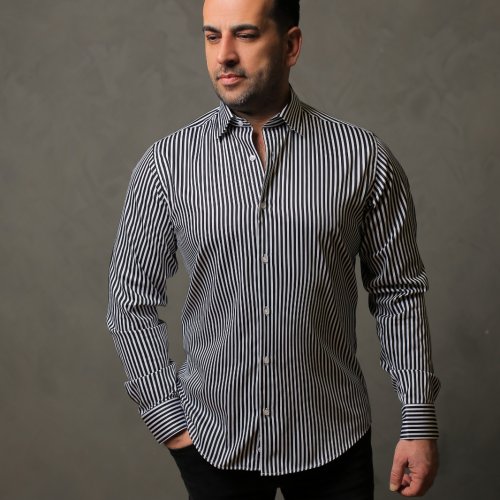 %100 Pamuk Saten Siyah Kalın Çizgili Slim Fit Gömlek - XL H7DR