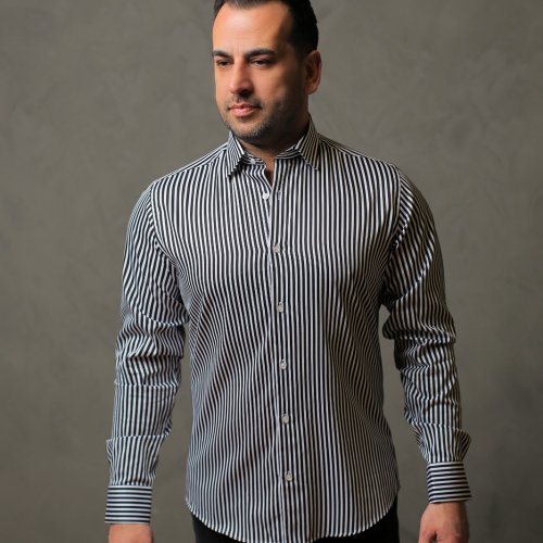%100 Pamuk Saten Siyah Kalın Çizgili Slim Fit Gömlek - XL K4K6